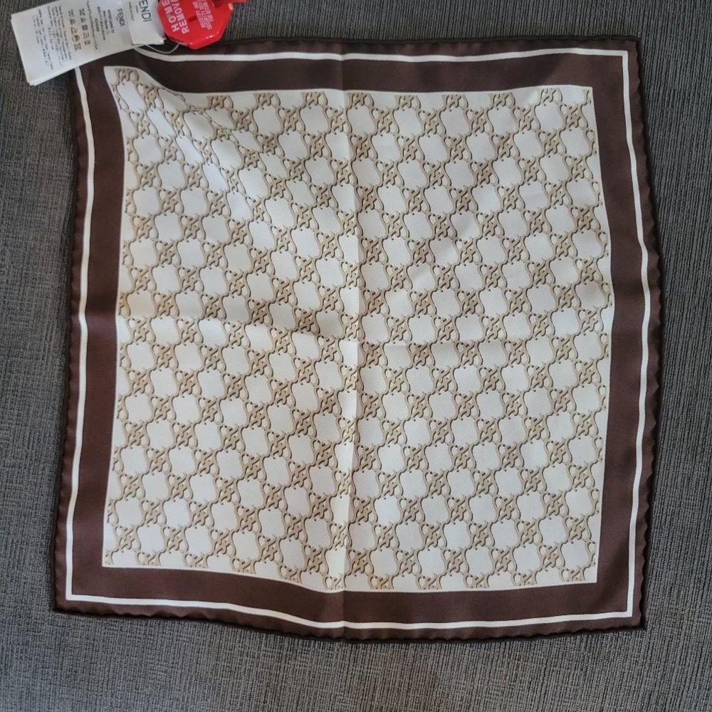Fendi rare handkerchief mini scarf monogram silk print headband pocket s…